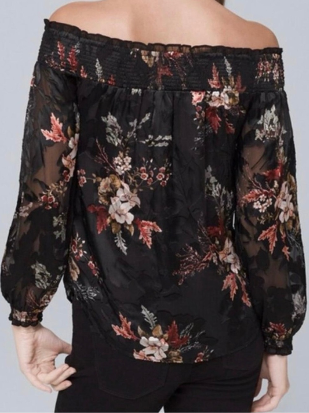 WHBM Black Floral Burnout Silk Off Shoulder Peasant Blouse XS - Picture 2 of 9